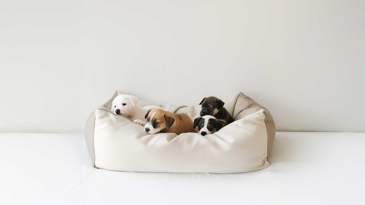 Tres cachorros de perro pequeño durmiendo juntos en una cama blanca