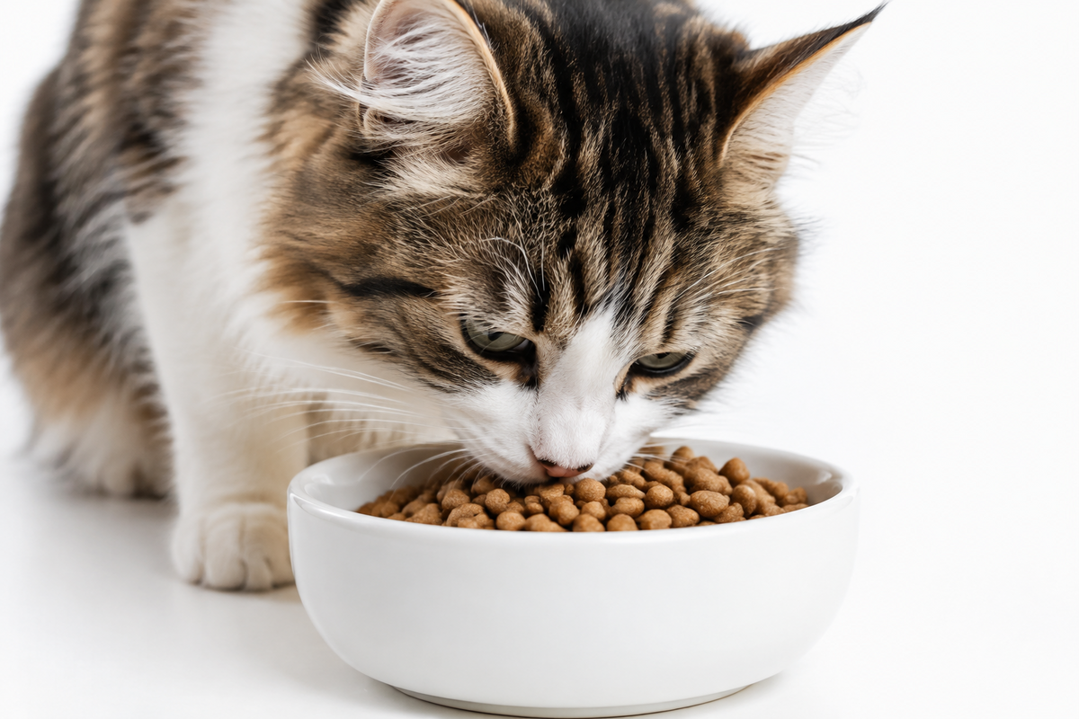 Gato atigrado comiendo pienso seco de un cuenco blanco